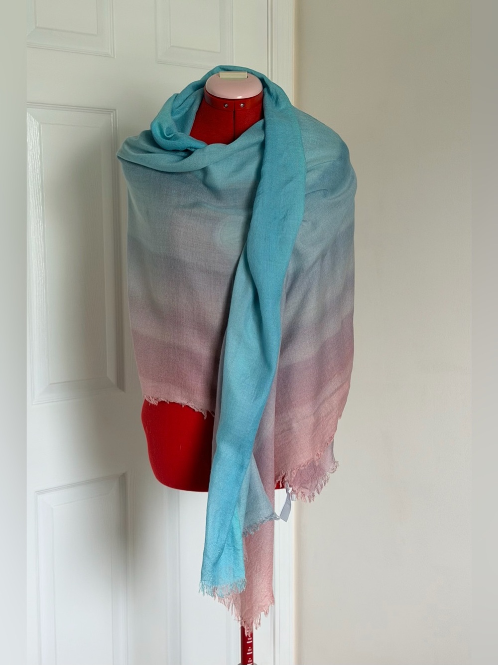 Nordstrom Ombré Cashmere Silk Blend Wrap Scarf Blue Pink Fringe